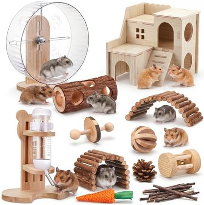18 Pcs Hamster Cage Accessories, Silent Hamster Wheel 15 Toys Set
