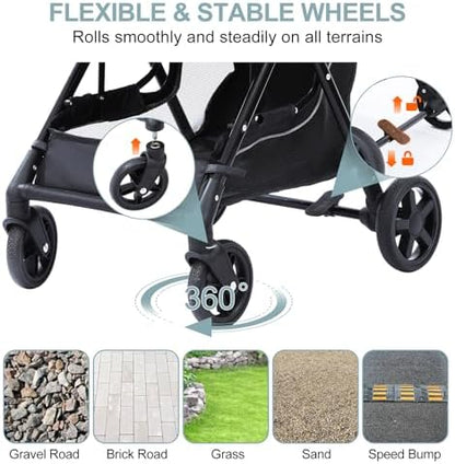 Dog Stroller with No-Zip Buckle Canopy, fits 2 Small Cats or 1 Medium pet,44 lbs Capacity One-Hand Fold,Lockable Front Wheels, Rear Brake