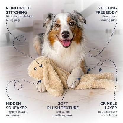 Petlou Stuffingless Floppy Plush Dog Toys with Durable Squeak and Crinkle Paper Dog Chew Toys for Large Dogs and Medium Dogs (TAN, 19 Inch Floppy Rabbit 3)