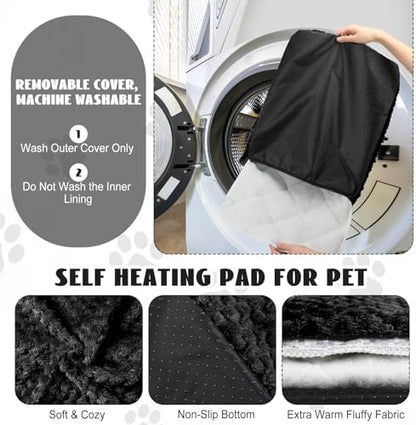 Drydiet 4 Pcs Self Heating Cat Pad Self Warming Cat Bed Dog Heating Pad Washable Thermal Pet Mat for Indoor Outdoor Pet 16 x 20 Inch Removable Non Slip(Black)