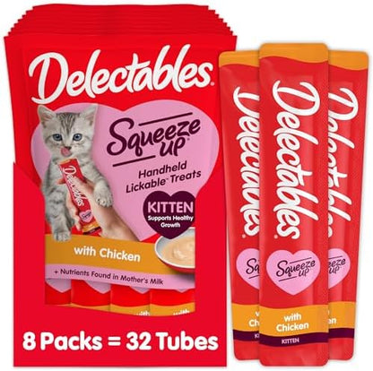 Delectables Squeeze Up Kitten Creamy Squeezable Puree, Lickable Wet Cat Treats, Grain Free, No Added Fillers, No by-Products, No Added Preservatives, 0.5 Ounces Tube Chicken, 32 Tubes Total