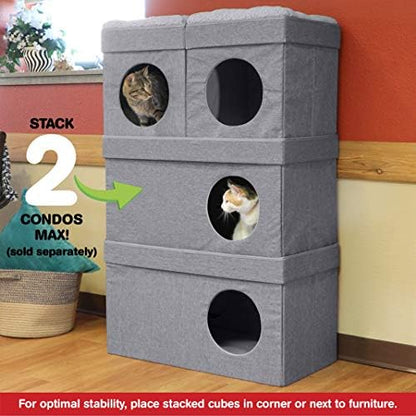 Kitty City Large Stackable Cat Condo & Cube House, Modular Indoor Cat Furniture with Plush Washable Beds, Collapsible Cat Cave & Lounging Ottoman, Grey