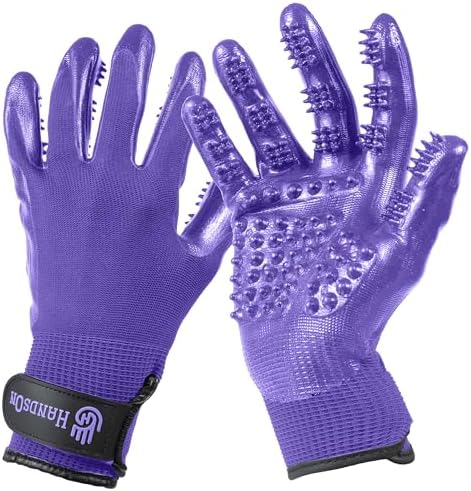 H HandsOn Pet Grooming Gloves - Patented #1 Ranked, Award Winning Shedding, Bathing, & Hair Remover Gloves - Gentle Brush for Cats, Dogs, and Horses (Mono Purple, Junior)