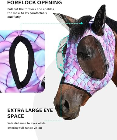 Harrison Howard Stretch Fly Mask with Forelock Opening and Patterns Comfortable Breathable Snug Fitting Horse Fly Mask Fish Scale L