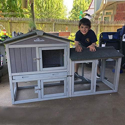 Aivituvin Rabbit Hutch Indoor Bunny Cage Outdoor Chicken Coop Rabbit House Bunny Hutch with Deeper Plastic Tray (Grey02 -one Set)