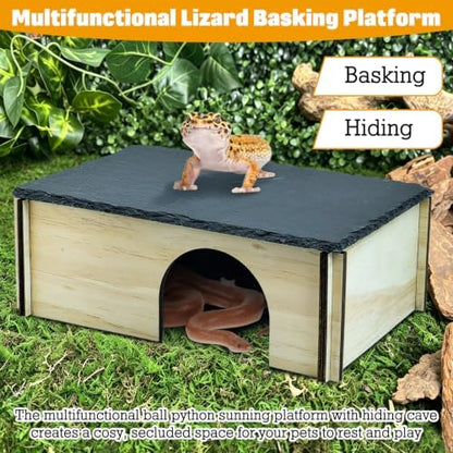 PINVNBY Large Bearded Dragon Basking Platform, Wooden Snake Hide, Ball Pythons Hide with Slate Rock, Leopard Gecko Tank Accessories for Geckos, Crested Gecko Chameleon Turtles (L: 11.8x7.87 inches)