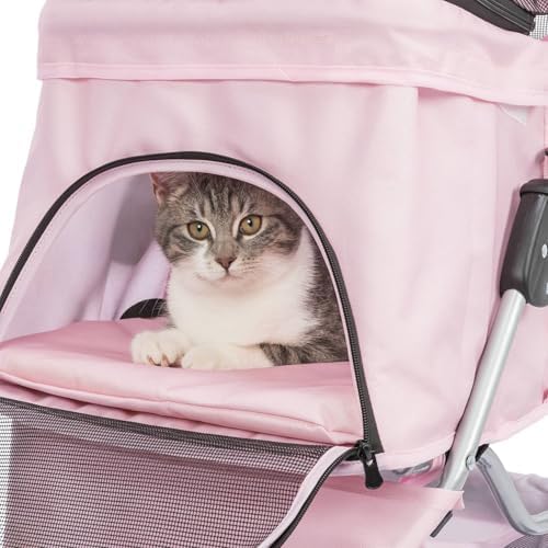 Trixie Foldable Pet Stroller for Cats and Dogs, Pet Carrier Strolling Cart with Weather Cover, Storage Basket, Cup Holder, Pink