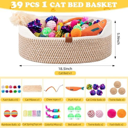 Leitee 40 Pcs Cat Toys with Cat Bed Storage Basket, White,Yellow