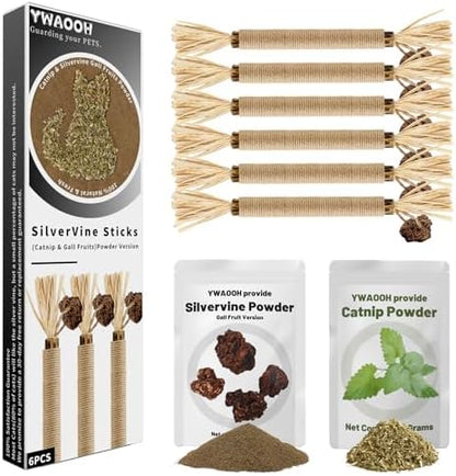 6 Silvervine Sticks Cat Toys with Catnip & Silvervine Powder Set
