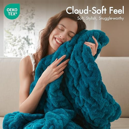 Madison Park Ruched Faux Fur Luxury Throw Teal 50*60 Premium Soft Cozy Brushed Long Faux Fur For Bed, Coach or Sofa