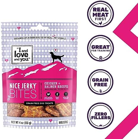 I AND LOVE AND YOU Nice Jerky Bites - Chicken + Salmon - Grain Free, Real Beef, Training Treat, Chewy Dog Treats, Filler Free, 4oz (Pack of 2)