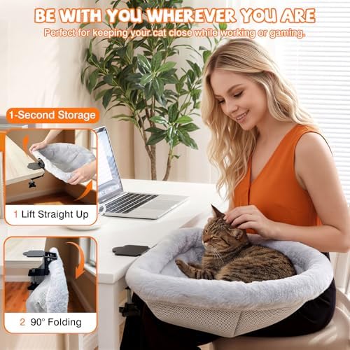 Cat Desk Bed - One-Click Folding Space-Saving Design, Desk Cat Bed with Soft Faux Rabbit Fur Cover & Breathable Mesh Fabric, Cat Hammock Supports up to 66 lbs, Remote Workers Home Gaming