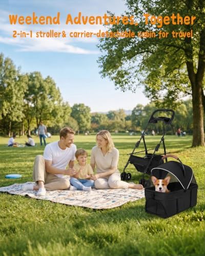 Pet Stroller, 3 in1 Foldable Dog Cat Stroller with Detachable Carrier-Black