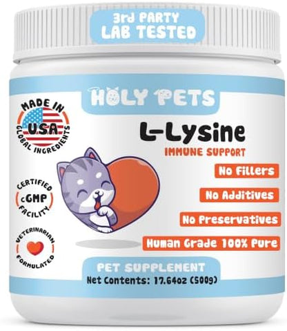 100% Pure L-Lysine Powder for Cats–No Flavors, No Fillers or Preservatives–1,000mg per Scoop–Immune, Respiratory & Eye Support–Sneezing, Runny Nose & Cold Symptoms (500g)