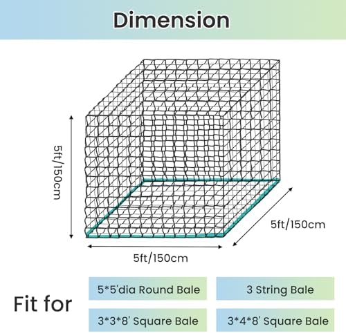 5x5 FT Round Bale Hay Net, 2-Inch Slow Feed for Horses and Goats