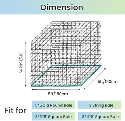 5x5 FT Round Bale Hay Net, 2-Inch Slow Feed for Horses and Goats