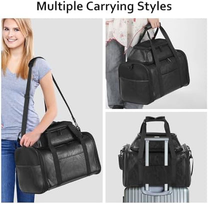 Premium Leather Top Expandable Pet Carrier for Small Dogs & Cats Under 15 lbs, Airline Approved Collapsible Soft-Sided Luxury Travel Bag Black