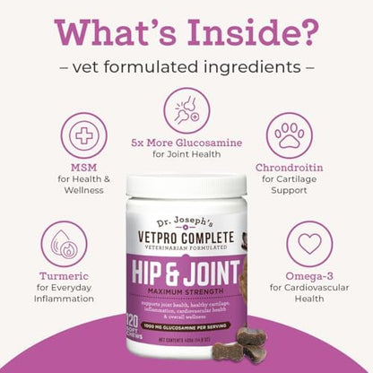 Dr. Joseph's VetPro Complete Dog Hip & Joint Wellness Supplement – High-Strength Glucosamine, MSM, Omega & Chondroitin Chews and Breeds – Vet Formulated Chicken Dog Treat - 60 Count