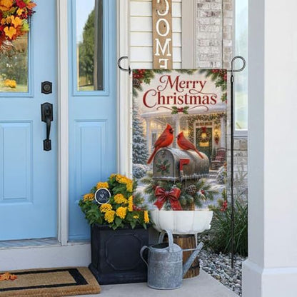 Merry Christmas Garden Flag 12x18 Inch Cardinal Pair Snowy Mailbox Holly Berry Pinecone Wreath Classic Winter Outdoor Yard Lawn Front Porch Welcome Double Sided Banner Decor