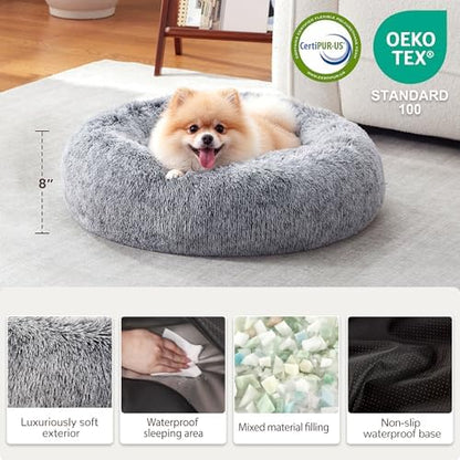 Donut Dog Bed Medium Size Dog, Round Cat Beds for Small Medium Dogs and Cats with Washable Fluffy Faux Fur, Cute Comfort Pet Bed with Anti-Slip Bottom, Grey, 20"