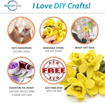 Glaciart One Felt Daffodil Artificial Flowers Bouquet - 5 pcs | Reusable, Washable and Essential Oil Ready Artificial Flowers w/Bendable Wire Stem | Great Gift or Home/Event Decorations