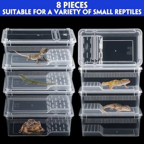 Irenare 8 Pcs Reptile Breeding Box Plastic Spider Terrarium Tarantula Feeding Box for Bearded Dragon Lizard Spider Gecko Scorpion (Vent Strips,Clear,8.6 x 5.1 x 3.1 Inch)
