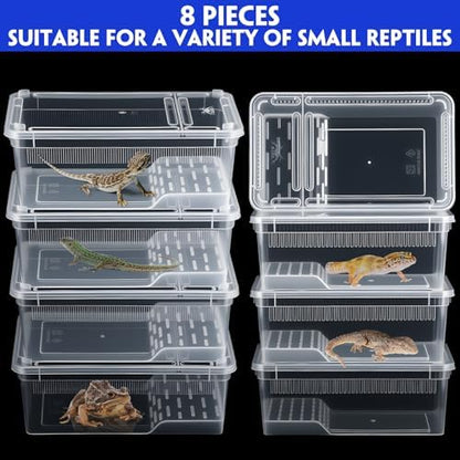 Irenare 8 Pcs Reptile Breeding Box Plastic Spider Terrarium Tarantula Feeding Box for Bearded Dragon Lizard Spider Gecko Scorpion (Vent Strips,Clear,8.6 x 5.1 x 3.1 Inch)