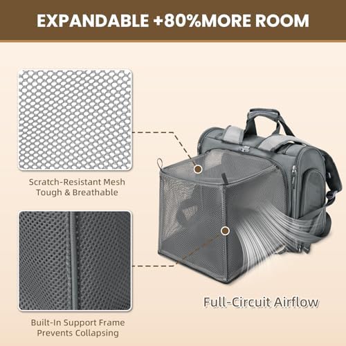 Lollimeow Expandable Cat Carrier Backpack for Large Cats - Airline Approved Pet Carrier Backpack for Small Dogs, Hiking & Travel, Waterproof with Breathable Mesh, 22lbs Capacity (Dark Grey, Large)
