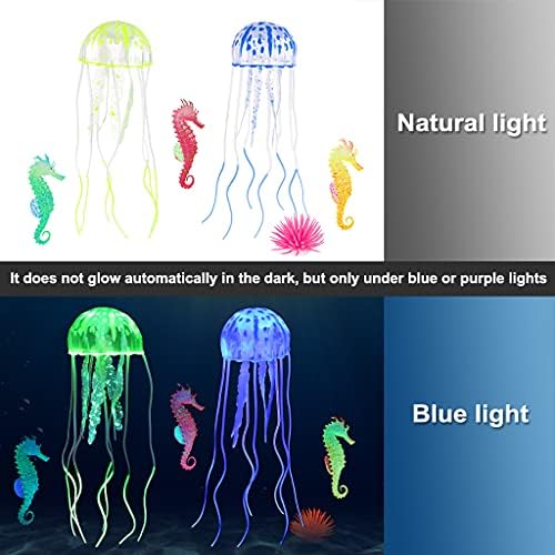 Lpraer 6 Pieces Glow Aquarium Ornaments Artificial Glow Floating Jellyfish Seahorse Anemones Silicone Simulation Fish Tank Decorations for Fish Tank