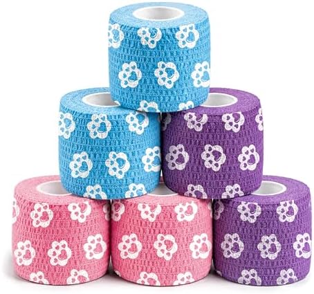 Vet Wrap Cohesive Bandages, Self-Adhesive Bandage Wrap, Breathable Non-Woven Self Adherent Tape for Pet Dog Leg Paw Wound, Horse, Cat, First Aid & Ankle Sprain, 2 Inch (6 Rolls)