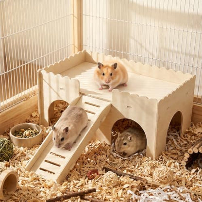 Wooden Hamster Hideout, Upgraded Guinea Pig Castle with Ramp, Multi Hole Guinea Pig Maze House for Hamster, Gerbil and Hedgehog Rat Small Animals