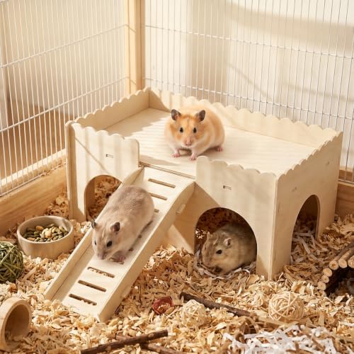 Wooden Hamster Hideout, Upgraded Guinea Pig Castle with Ramp, Multi Hole Guinea Pig Maze House for Hamster, Gerbil and Hedgehog Rat Small Animals