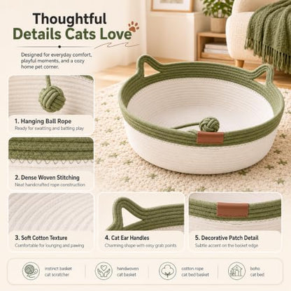 Instinct Basket for Cats - Handwoven Cotton Rope Enrichment Bed with Attached Toy Tail, Scratchable Interactive Pet Nest Features Flexible Walls to Fight Boredom & Protect Furniture (Brown & Mat, M)