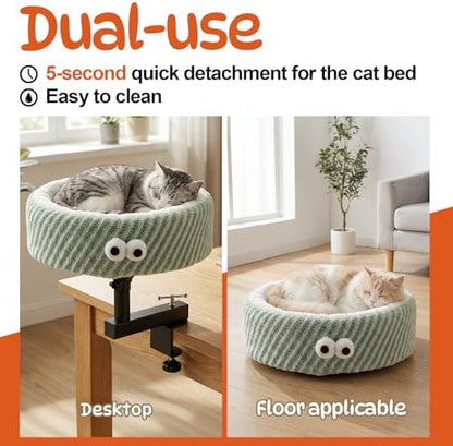 Cat Desk Bed, 2-in-1 Clamp On Desk Mount Perch & Nest, 360° Rotating Adjustable, 60 LBS Safe Weight Capacity, Washable Cushion for Small & Large Cats, Home Office Desk Hammock (Green)