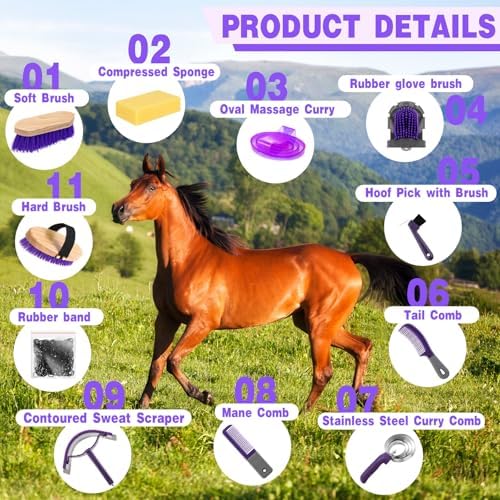 Abbylike 12 Pieces Horse Grooming Kit Equine Care Brushes, Gray and Purple