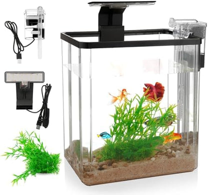 1.5 Gallon Aquarium Starter Kits - Plastic Fish Tank Kit Clear Beta Fish Tank Small with Filteration Oxygenation, Water Circulation, Lighting - Beginner's Gift for Guppy, Shrimp, Goldfish