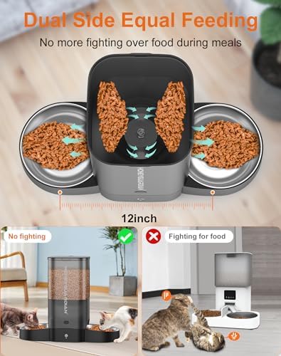HoneyGuaridan 5L Automatic Cat Feeder for Two Cats, 2.4/5G WiFi Smart Feed Pet Feeder with Stainless Steel Bowl,APP Control Dispenser, Dual Power Supply,Desiccant Bag,10s Meal Call Black