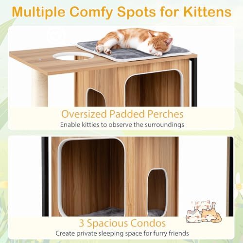 PETSITE 52-inch Wood Cat Tree for Indoor Cats, Multi-Level Solid Metal Framed Wooden Cat Tower with Sisal Scratching Posts and Pad, 3 Condos, and Top Platform with Cat Hole