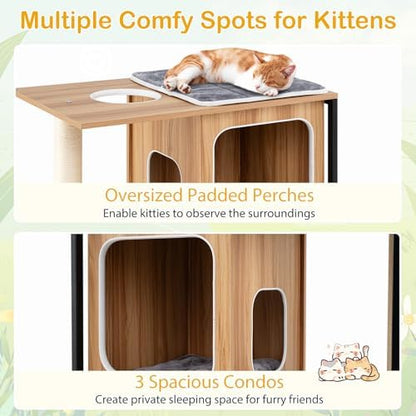 PETSITE 52-inch Wood Cat Tree for Indoor Cats, Multi-Level Solid Metal Framed Wooden Cat Tower with Sisal Scratching Posts and Pad, 3 Condos, and Top Platform with Cat Hole