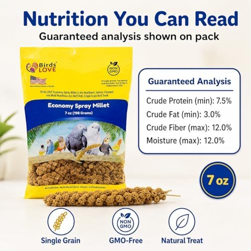 Birds LOVE® Economy Spray Millet for Birds, 7 oz, GMO-Free Natural Bird Treat, Stem-Reduced Millet Tops, USA Grown Spray Millet for Parakeets, Cockatiels, Lovebirds, Finches, Canaries -Pack of 4