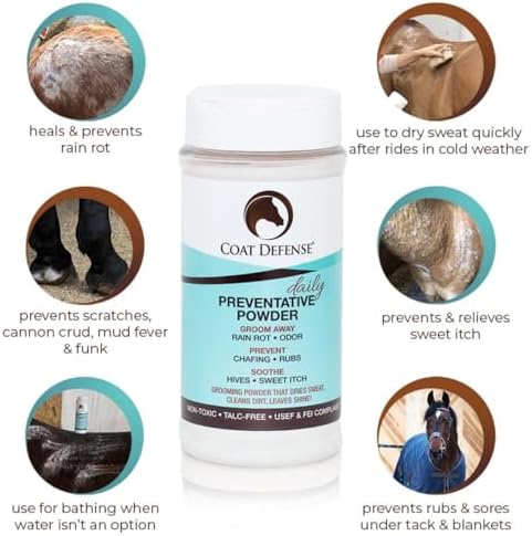 COAT DEFENSE Daily Preventative Powder & Rain Rot Treatment for Horses | Safe & Effective Equine Sweet Itch, Skin Funk, Scratches | Dry Horse Shampoo, 16 oz. | All Natural Ingredients (Pack of 2)