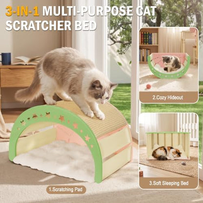 3-in-1 Crescent Elevated Cat Bed with Removable Sisal Scratcher & Soft Fleece Mat, Rocking Cat Hammock Lounge for Indoor Cats, Kittens & Small Animals, Pink