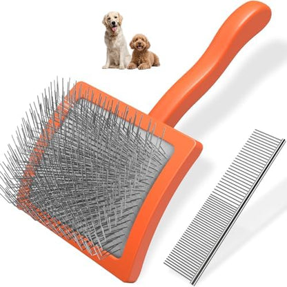 2PCS Slicker Brush for Dogs & Pet Comb,Professional Dog Grooming Brush (Goldendoodles,Poodles,Labradoodles) with Extra Long Pins to Effectively Remove Tangles, Knots and Mats (Orange, Large)
