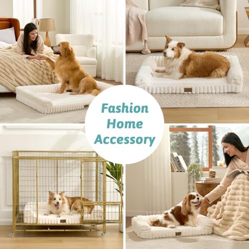 COZY KISS Ultra Soft Faux Rabbit Fur Dog Bed for Medium Dogs – 36"x27" Orthopedic Foam Couch, Removable Washable Cover & Waterproof Lining, Cream