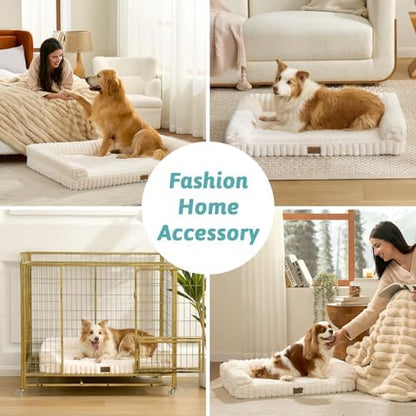 COZY KISS Ultra Soft Faux Rabbit Fur Dog Bed for Medium Dogs – 36"x27" Orthopedic Foam Couch, Removable Washable Cover & Waterproof Lining, Cream