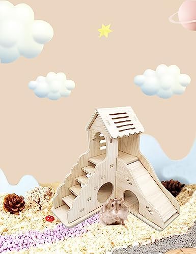 Hamster Hideout Cage Accessories - Hamster House and Habitat Wooden Hide Hut with Climbing Ladder and Slide for Dwarf Gerbils and Mouse Mice Rat Other Small Animals etc.