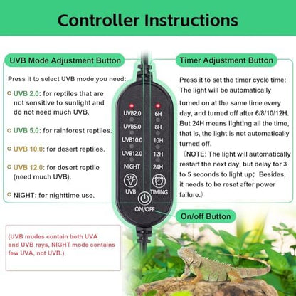 UVB Light for Reptiles, UVA UVB Reptile Light Fixture with Timer LED UVB Bulb for Bearded Dragon Gecko Turtle Chameleon Lizard Snake, Adjustable Brightness UVB Lamp for Reptile Tank Accessories, Black