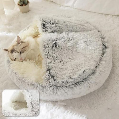 Keep Warm Lapcatz Nest Bed - Round, Fluffy, Hooded Cat Bed Cave with Anti-Slip Bottom and Machine Washable Cover for Small to Medium Pets (Green, Medium)