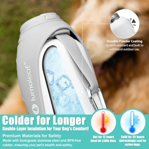 LumoLeaf Insulated Dog Water Bottle 27 oz Stainless Steel - Keep Water Cool or Warm, Portable Pet Water Bowl for Travel, Wide Mouth for Easy Ice Filling & Cleaning (Grey, 27 oz)