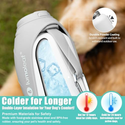 LumoLeaf Insulated Dog Water Bottle 27 oz Stainless Steel - Keep Water Cool or Warm, Portable Pet Water Bowl for Travel, Wide Mouth for Easy Ice Filling & Cleaning (Grey, 27 oz)